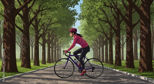 Woman enjoying a bicycle ride through a forest avenue on a summer day