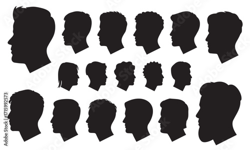 Male head silhouettes vector, profile faces set, black side view pack