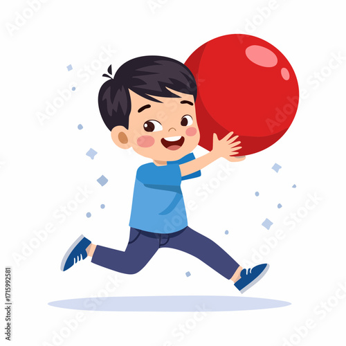 Vector illustration of an energetic young boy in casual clothes, joyfully running and catching a big red ball