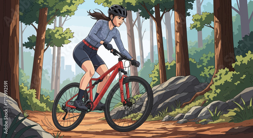 Woman enjoying mountain biking through a vibrant green forest trail