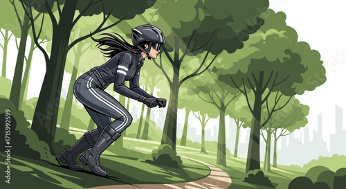 Woman in Biker Suit Riding Through a Park Illustration with City View