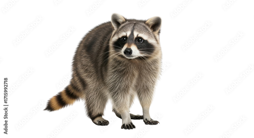 Obraz premium Raccoon standing and looking ahead isolated PNG with Transparent Background