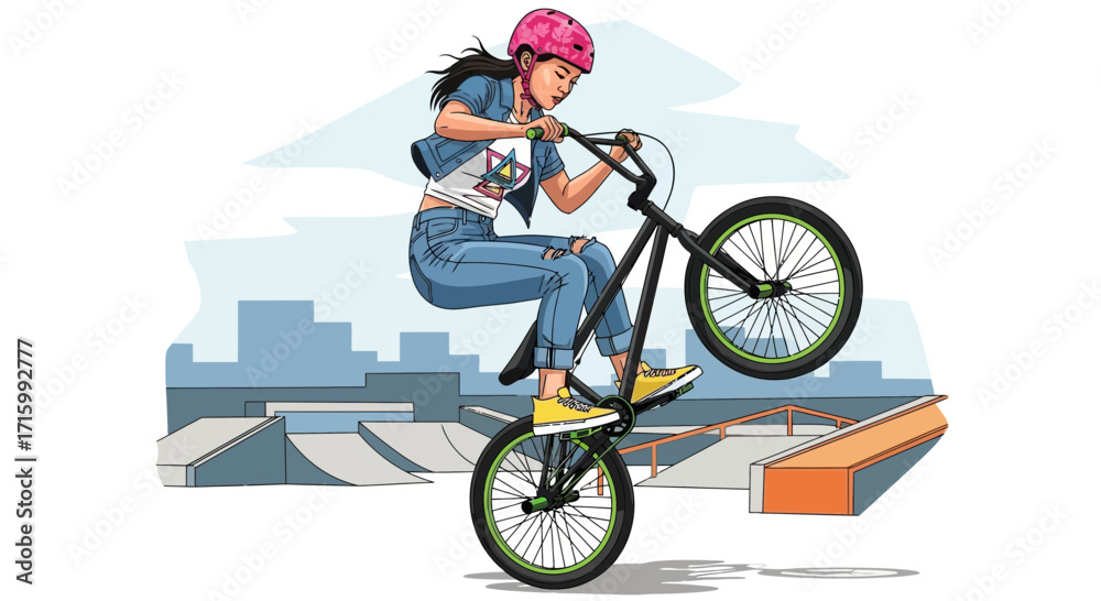 Fototapeta premium Young woman performing BMX tricks in urban skatepark illustration