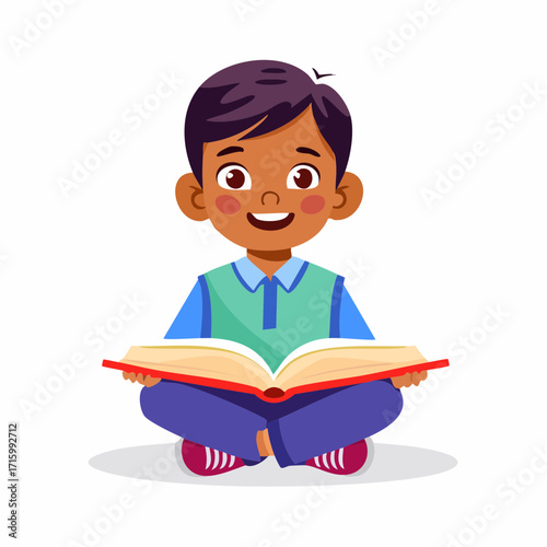 Happy little boy with an excited expression sitting cross-legged on the floor, holding an open book. Vector flat cartoon illustration for education