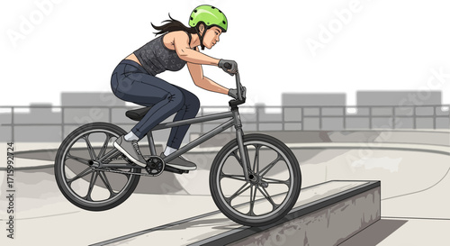 Woman showcases skill riding bmx bike in skatepark performing thrilling trick