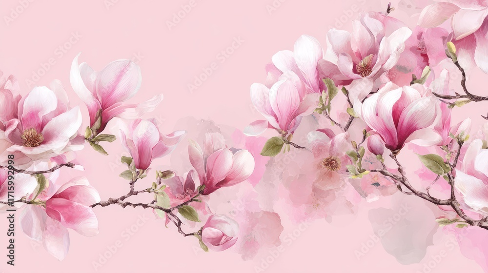 Fototapeta premium Delicate pink magnolia blossoms on a soft pink background