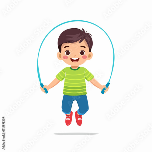 Cheerful young boy happily playing with a skipping rope, an energetic child enjoying a fun physical activity, isolated vector illustration