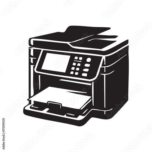 Monochrome Multifunction Printer Depiction A Detailed Vector Illustration Highlighting Office Technology and Printing Equipment for Professional Use