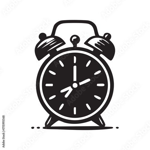 Vintage Alarm Clock Illustration Classic Timepiece Depiction Retro Style Black and White Design Traditional Clock with Bells Nostalgic Time Telling