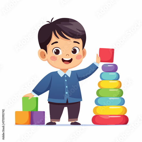 A cheerful little boy carefully places the final block on a colorful ring pyramid, illustrating a moment of playful achievement and cognitive growth