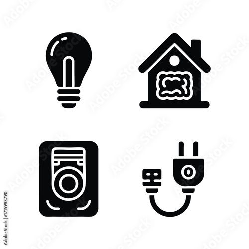 Energy efficiency icon set, 4 icons energy-saving lightbulb, house with insulation, smart thermostat, green plug.
