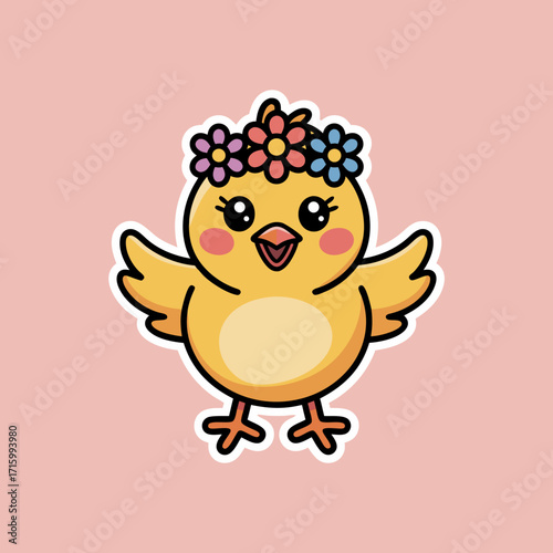 Charming Cartoon Chick with a Floral Crown Ready for Spring Season Easter Celebration