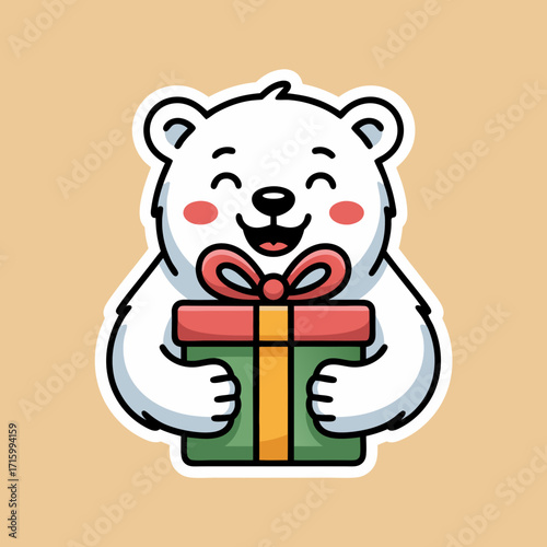 Cheerful Cartoon Polar Bear Holding Festive Gift Box Christmas Holiday Surprise Vector
