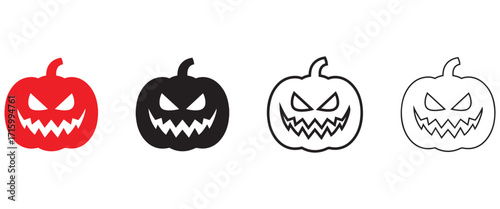 Scary pumpkin Halloween element vector icon, Halloween pumpkin silhouette and line art