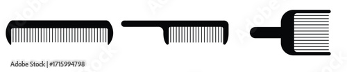 Three combs set vector, comb illustrations showcase hair care tools in line art, solid black, and brown cartoon styles, perfect for beauty, grooming, and personal care design projects vector.