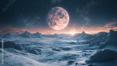 Stunning Moon Rising Over Mountain Peaks in Fantasy Space Landscape