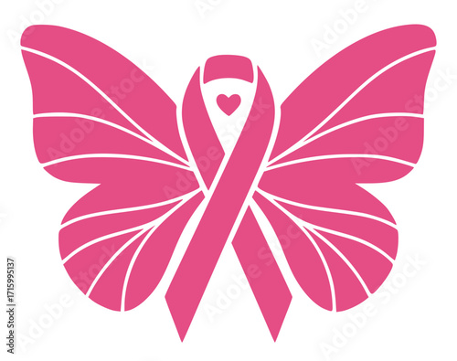 Pink breast cancer awareness ribbon shaped like a butterfly with a heart, breast cancer svg, awareness ribbon svg, butterfly svg, hope svg