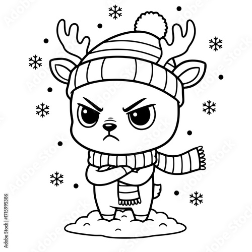 Grumpy cartoon reindeer in winter hat and scarf with snowflakes, Christmas svg, grumpy animal svg, winter svg, holiday cartoon svg