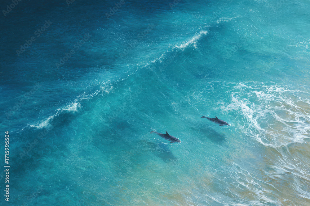 Fototapeta premium breathtaking aerial shot of clear ocean waters beauty of dolphin fins gracefully cutting through waves