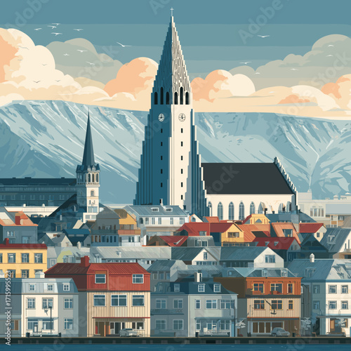 Cityscape of Reykjavik, capital city of eIceland, attractive touristic advertisement poster, beautiful touristic must-see destination. Beautiful tourist destination, in central europe. Arctic country.