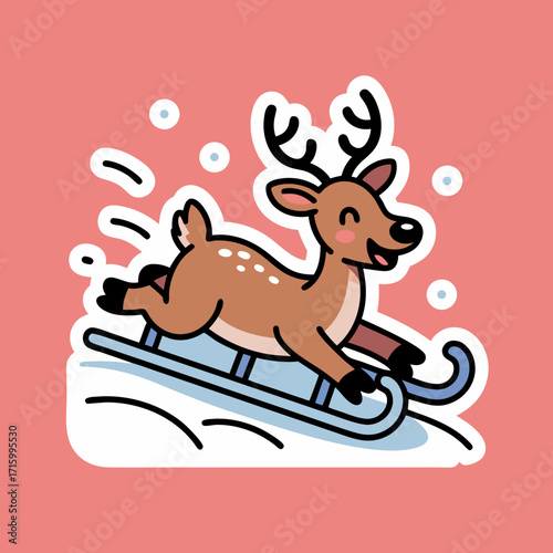 Joyful Cartoon Reindeer on Sledding Run Amidst Falling Snow Flakes Against Pink Backdrop