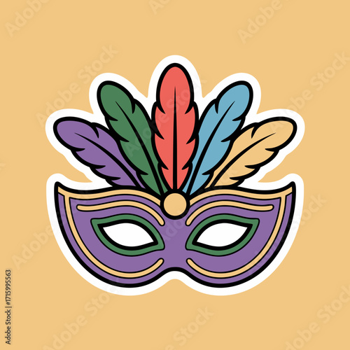 Mardi Gras Mask with Colorful Feathers on a Vibrant Yellow Background Illustration