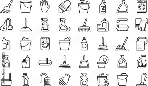 Housekeeping Tools Outline Vector Illustration Set Isolated on Transparent Background