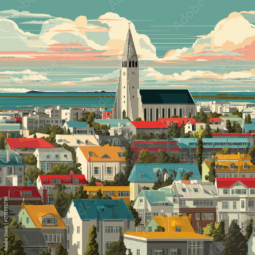 Cityscape of Reykjavik, capital city of eIceland, attractive touristic advertisement poster, beautiful touristic must-see destination. Beautiful tourist destination, in central europe. Arctic country.