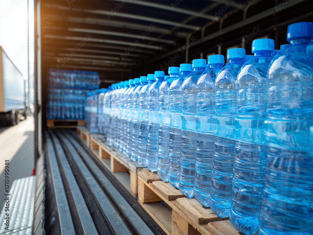 Obraz premium Many plastic water bottles tightly packed in shrink wrap, blue caps, blue colored bottles, stand on truck, clean, fresh look, hydration, mass production, bottled water industry, packaging and logistic