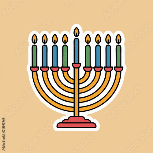 Vibrant Cartoon Menorah Illustration with Lit Candles Isolated on Tan Background