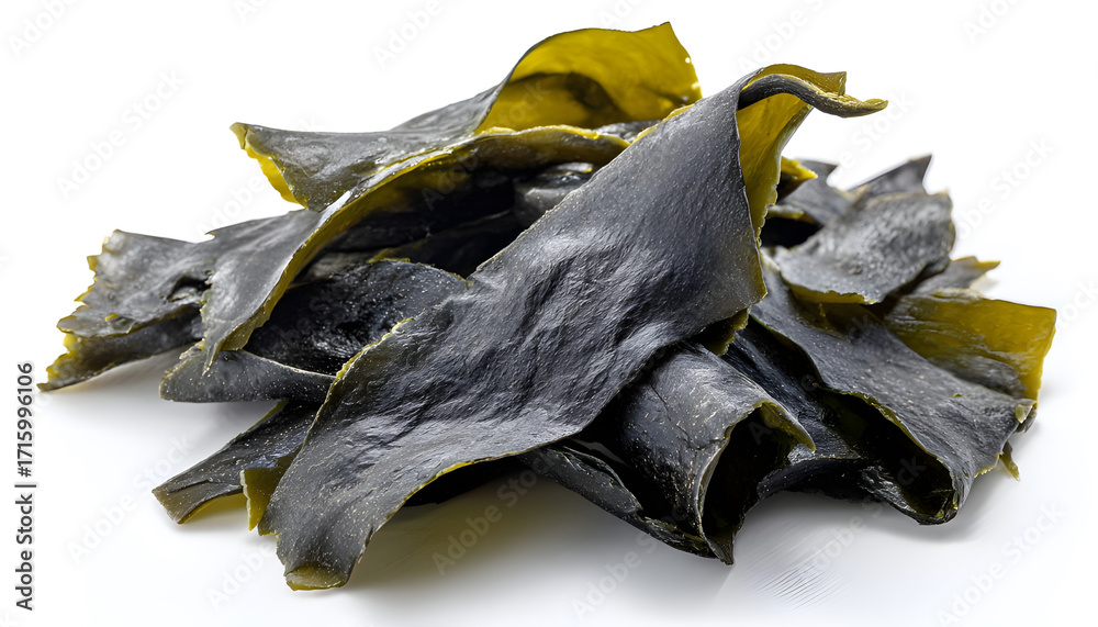 Fototapeta premium Dried Kombu Seaweed, Japanese Dry Kelp Isolated on White Background, Top View. Traditional Japanese Cuisine Ingredient and Health Food.