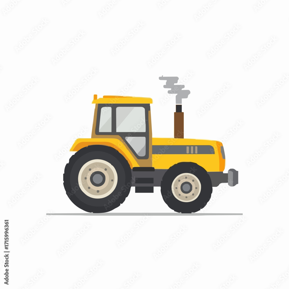 Naklejka premium Yellow Industrial Tractor with Cabin and Smoke Exhaust - Side View Vector