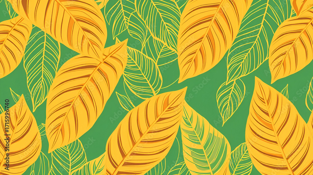 Fototapeta premium Tropical leaf Wallpaper, Luxury nature leaves pattern design, Golden banana leaf line arts, Hand drawn outline design for fabric , print, cover, banner and invitation, Vector illustration.