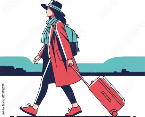 Stylish Woman Traveling with Rolling Luggage and Backpack in Modern Illustration