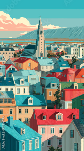 Cityscape of Reykjavik, capital city of eIceland, attractive touristic advertisement poster, beautiful touristic must-see destination. Beautiful tourist destination, in central europe. Arctic country.