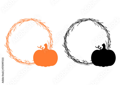 Tiempo de otoño. Logo con silueta de calabaza en corona circular de ramas de árbol para tarjetas y felicitaciones de Navidad 