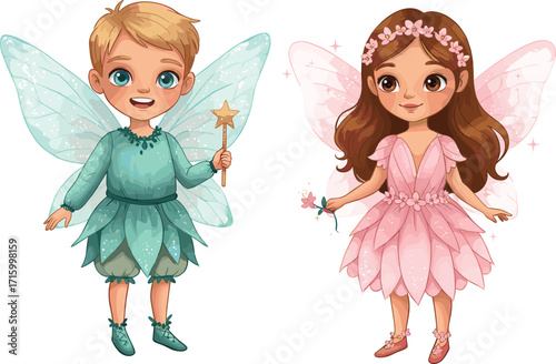 Cartoon fairies illustration, magical boy and girl, colorful wings, flower crown, star wand, fantasy costume, whimsical art, enchanted scene
