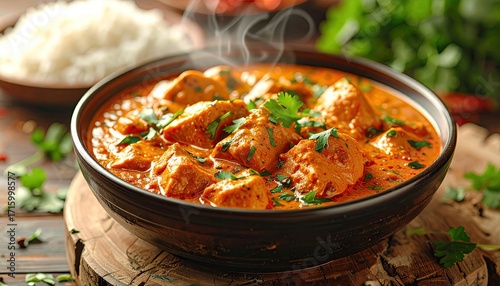 Bowl of Rich Orange Chicken Curry Topped with Cilantro and Served with Rice on Rustic Wood Table