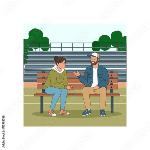 A vector illustration of a man and a woman sitting on a sports field bleacher bench, engaged in conversation. Captures friendship, mentorship, and casual discussion.