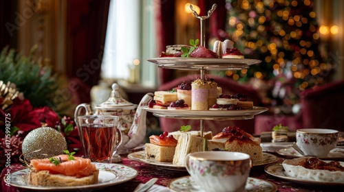 Elegant afternoon tea gathering with festive decorations in luxurious setting