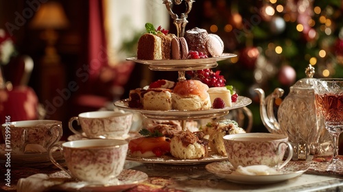 Elegant christmas afternoon tea with assorted sweets and festive decor