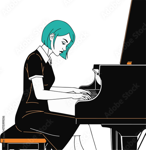 Stylized Illustration of a Woman Playing a Grand Piano