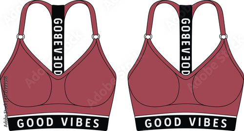 Red and black athletic sports bra with "GOOD VIBES" band and "GO BEYOND" strap, perfect for fitness, gym, and yoga workouts.