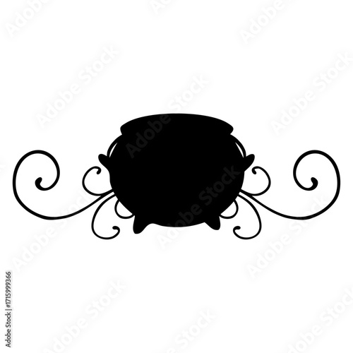 Logo con silueta de caldero de bruja con filigrana caligráfica. Silueta con florituras para tarjetas y felicitaciones de Halloween