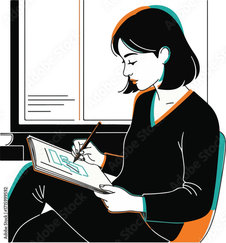Creative Woman Drawing Abstract Designs in a Sketchbook with Modern Graphic Art Style