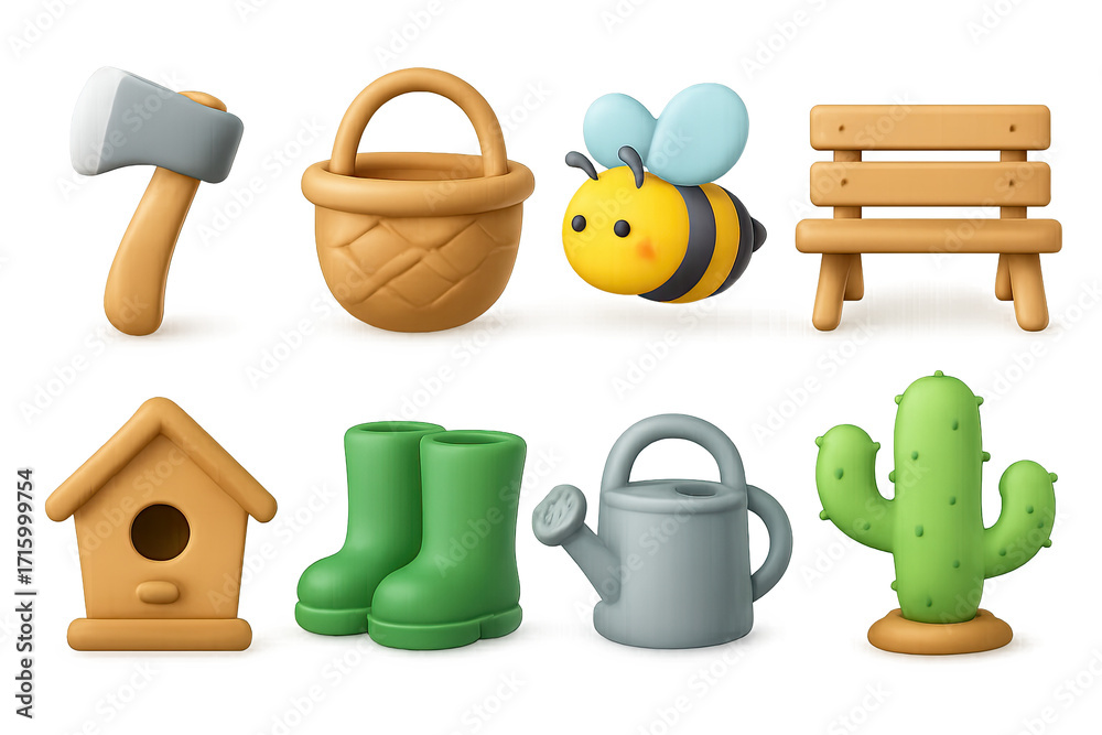 Fototapeta premium Cute 3d spring garden icons featuring tools, plants, and animals