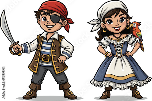 Cartoon pirate boy, pirate girl, sword, parrot, costume, adventure, playful illustration, children, fantasy, colorful, confident, fun, cute, dress, headscarf, eye patch, treasure,