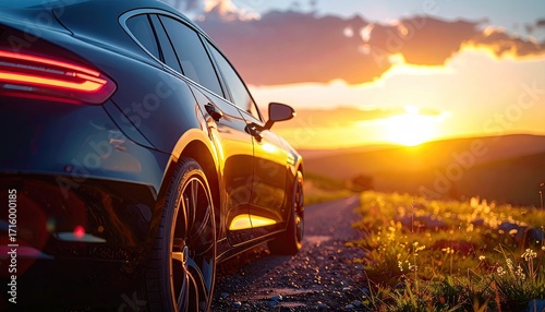 Black Car at Sunset on a Country Road Golden Hour Scenery Vehicle Travel and Leisure Cinematic Lighting Hillside View Luxury Automobile