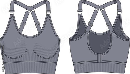 Dark gray athletic sports bra with adjustable straps, a criss-cross back design, and a supportive ribbed texture, perfect for high-performance fitness.