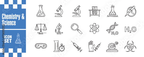 Chemistry and science icon set vector illustration collection of laboratory equipment icons, including beakers, microscopes, and other scientific tools